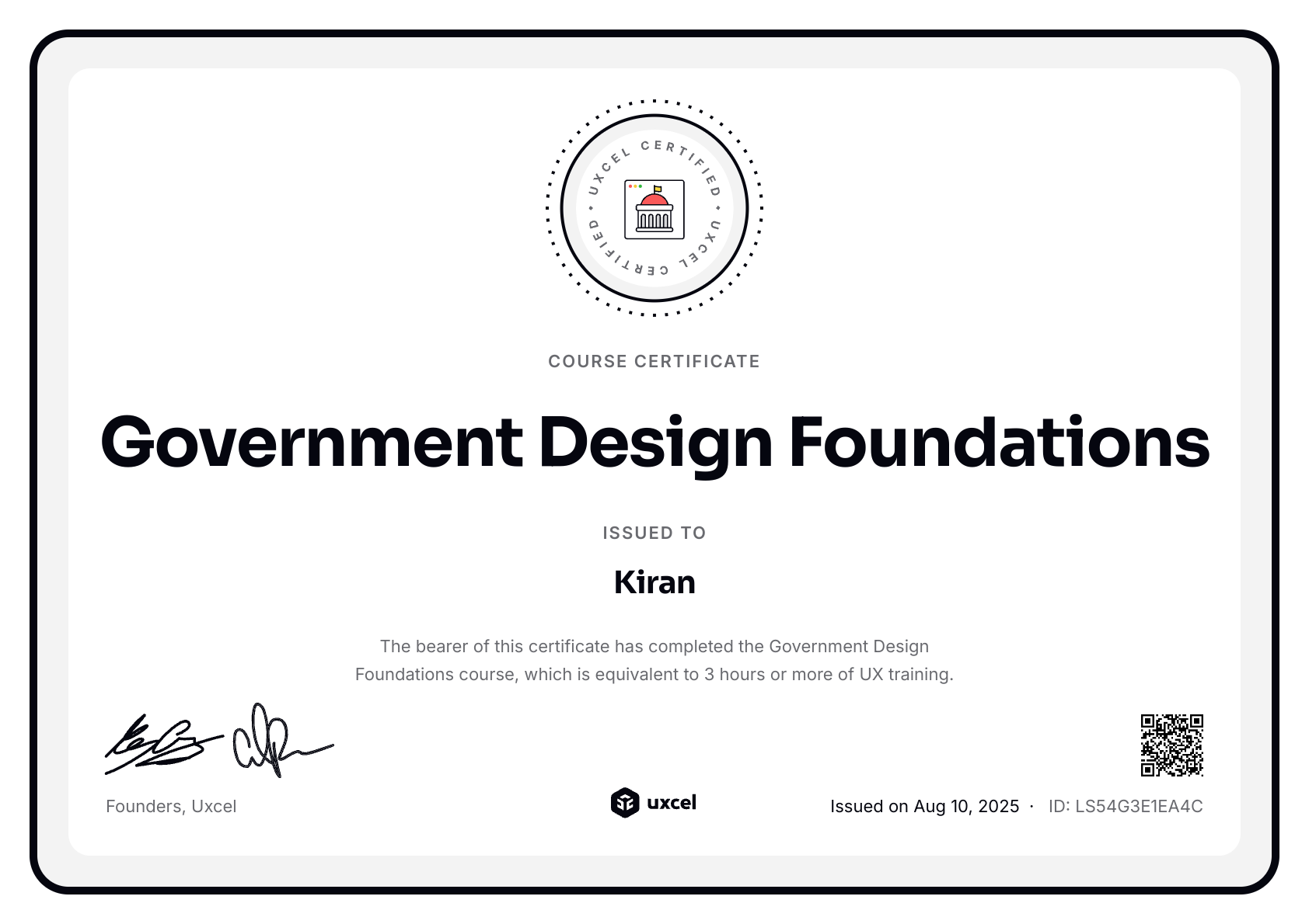 Kiran's certificate